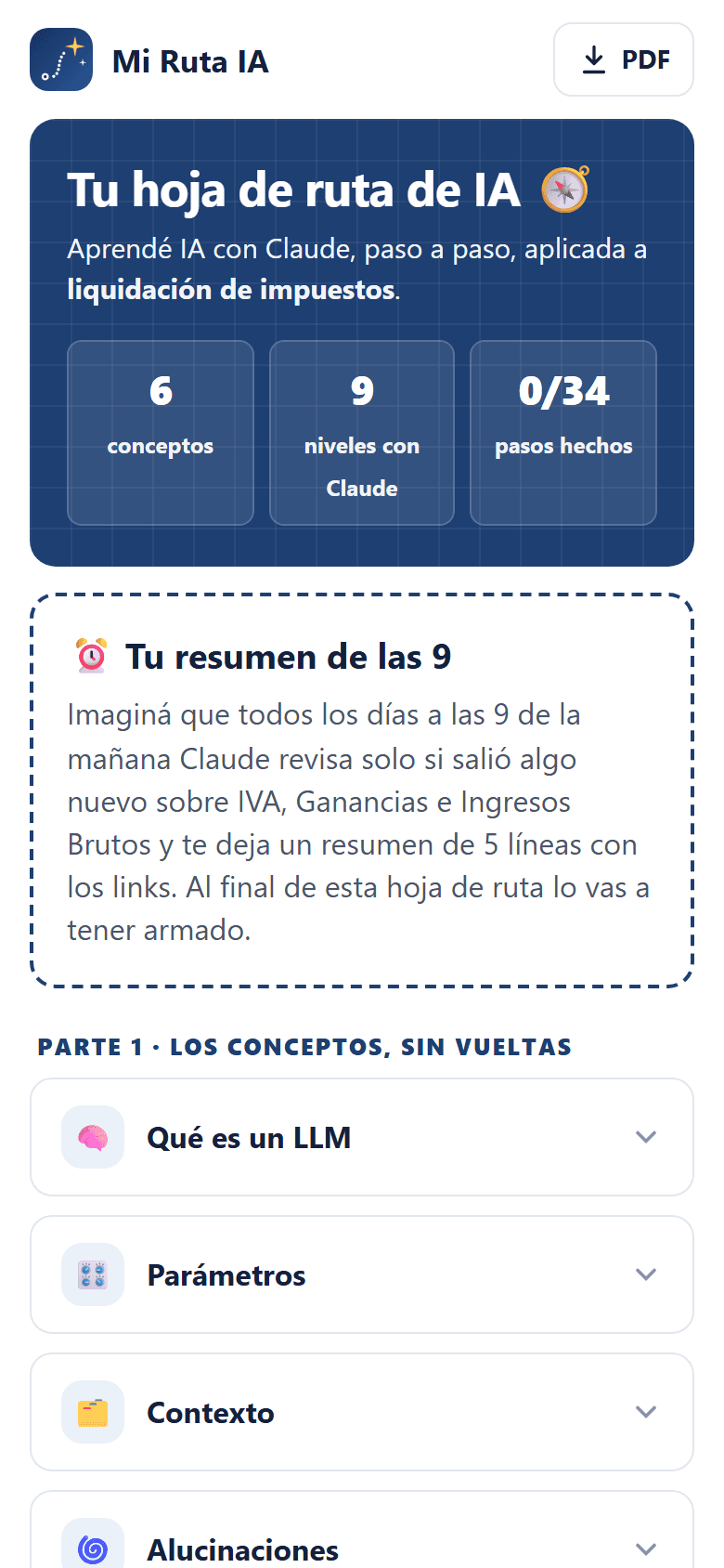 App funcionando: hoja de ruta de un contador, con su ahorro estimado, el resumen de las 9 y los niveles de Claude.